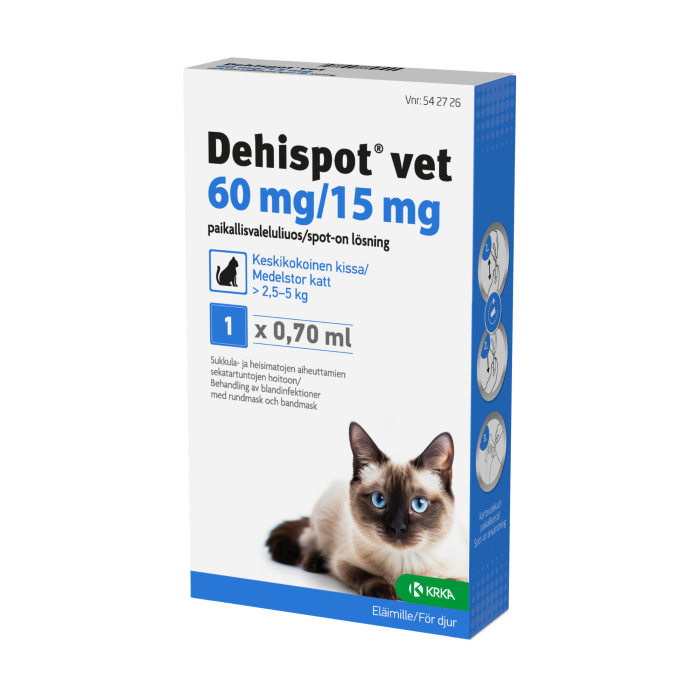 DEHISPOT VET paikallisvaleluliuos 60/15 mg keskikokoiselle kissalle >2,5-5 kg 0,7 ml
