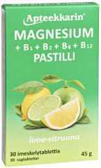 Apteekkarin Magnesium+ B pastilli lime-sitruuna 30 kpl